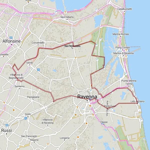 Miniature de la carte de l'inspiration cycliste "Circuit des mausolées" dans la Emilia-Romagna, Italy. Générée par le planificateur d'itinéraire cycliste Tarmacs.app