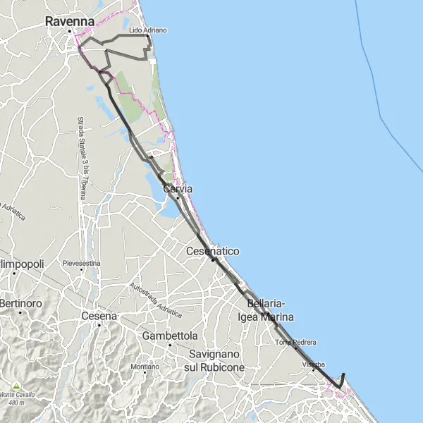 Miniatura mapy "Przejażdżka szosowa Cervia - Porto Fuori" - trasy rowerowej w Emilia-Romagna, Italy. Wygenerowane przez planer tras rowerowych Tarmacs.app