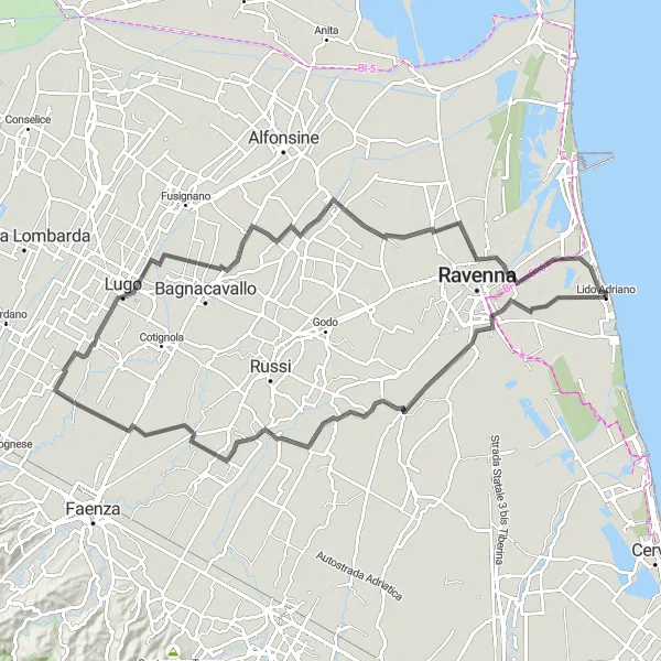 Miniatura mapy "Trasa szosowa do Longana" - trasy rowerowej w Emilia-Romagna, Italy. Wygenerowane przez planer tras rowerowych Tarmacs.app