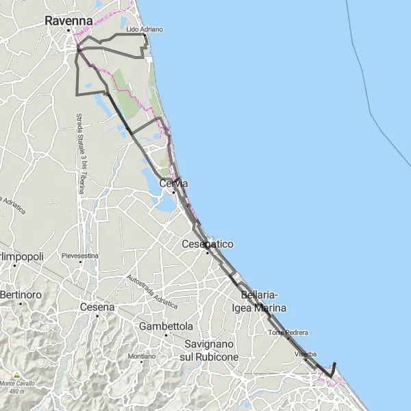 Miniature de la carte de l'inspiration cycliste "Tour panoramique de la côte adriatique" dans la Emilia-Romagna, Italy. Générée par le planificateur d'itinéraire cycliste Tarmacs.app