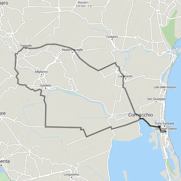 Miniatura della mappa di ispirazione al ciclismo "Road tra Porto Garibaldi e Comacchio" nella regione di Emilia-Romagna, Italy. Generata da Tarmacs.app, pianificatore di rotte ciclistiche