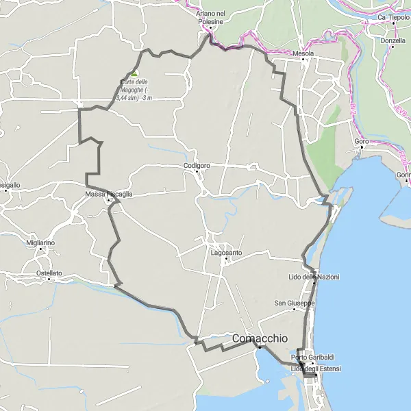 Miniaturní mapa "Road Route - Valli di Comacchio to Lido delle Nazioni" inspirace pro cyklisty v oblasti Emilia-Romagna, Italy. Vytvořeno pomocí plánovače tras Tarmacs.app