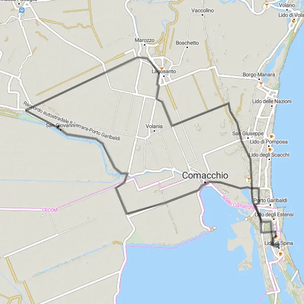 Miniatura mapy "Trasa rowerowa przez Comacchio i Lido di Spina" - trasy rowerowej w Emilia-Romagna, Italy. Wygenerowane przez planer tras rowerowych Tarmacs.app