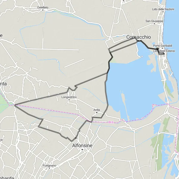 Miniatura della mappa di ispirazione al ciclismo "Giro in bicicletta da Lido degli Estensi a Comacchio" nella regione di Emilia-Romagna, Italy. Generata da Tarmacs.app, pianificatore di rotte ciclistiche