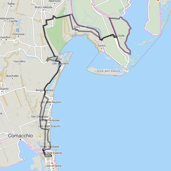 Zemljevid v pomanjšavi "Kolesarska pot ob obali Emilia-Romagne" kolesarske inspiracije v Emilia-Romagna, Italy. Generirano z načrtovalcem kolesarskih poti Tarmacs.app