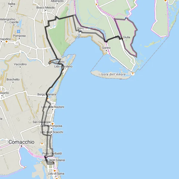 Map miniature of "Lungolamponi" cycling inspiration in Emilia-Romagna, Italy. Generated by Tarmacs.app cycling route planner