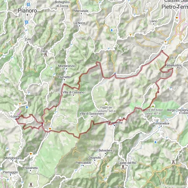 Kartminiatyr av "Grusvägen till Monte del Verro" cykelinspiration i Emilia-Romagna, Italy. Genererad av Tarmacs.app cykelruttplanerare