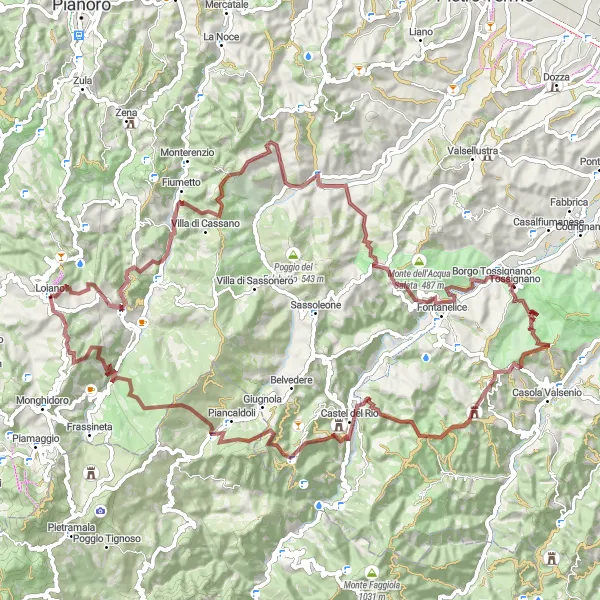 Mapa miniatúra "Gravelová trasa Monte Bibele" cyklistická inšpirácia v Emilia-Romagna, Italy. Vygenerované cyklistickým plánovačom trás Tarmacs.app
