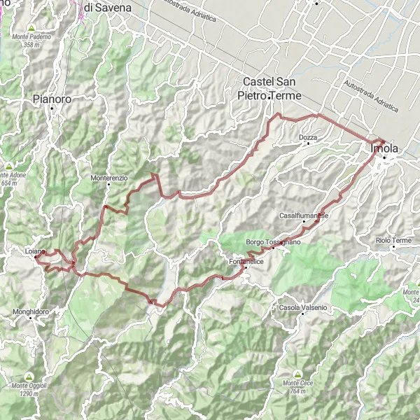 Miniaturní mapa "Gravel: Monte Bibele Circuit" inspirace pro cyklisty v oblasti Emilia-Romagna, Italy. Vytvořeno pomocí plánovače tras Tarmacs.app