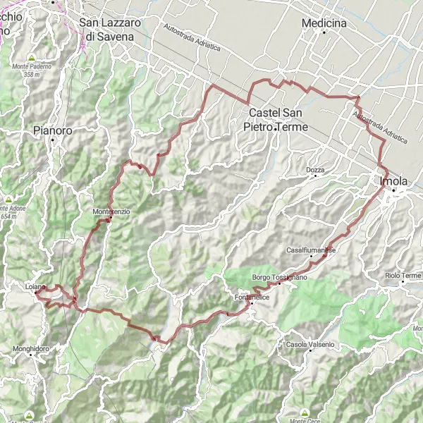 Zemljevid v pomanjšavi "Kolesarska pot skozi Monterenzio in Monte Penzola" kolesarske inspiracije v Emilia-Romagna, Italy. Generirano z načrtovalcem kolesarskih poti Tarmacs.app