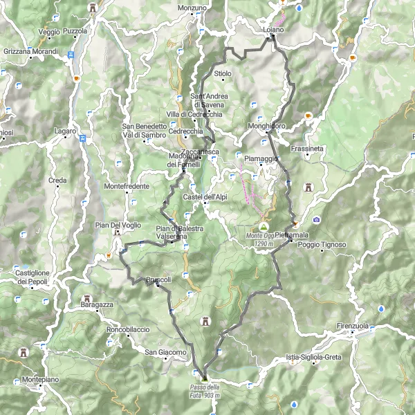Kartminiatyr av "Vägen till Monte Bastia" cykelinspiration i Emilia-Romagna, Italy. Genererad av Tarmacs.app cykelruttplanerare