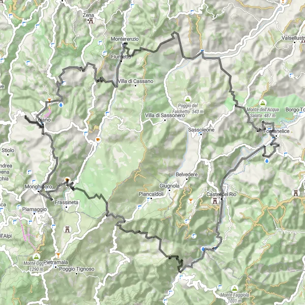 Kartminiatyr av "Utmanande cykeltur via Monte Cucco" cykelinspiration i Emilia-Romagna, Italy. Genererad av Tarmacs.app cykelruttplanerare