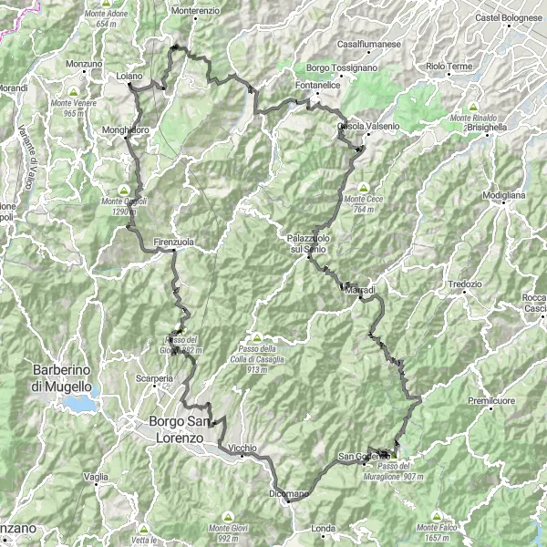 Karttaminiaatyyri "Loiano - Monte Bibele - Villa di Sassonero - Monte Codronco - Marradi - Rocca - Passo dell'Eremo - San Benedetto in Alpe - Passo del Muraglione - San Godenzo - Dicomano - Vicchio - Grezzano - Poggio di Castro - Rifredo - Poggio Pioto - Pietramala - Passo della Raticosa - Loiano" pyöräilyinspiraatiosta alueella Emilia-Romagna, Italy. Luotu Tarmacs.app pyöräilyreittisuunnittelijalla