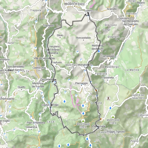 Miniaturní mapa "Okruh kolem Loiana (silnice)" inspirace pro cyklisty v oblasti Emilia-Romagna, Italy. Vytvořeno pomocí plánovače tras Tarmacs.app
