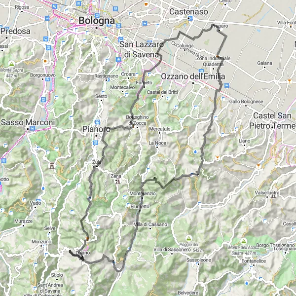 Mapa miniatúra "Trasa Monte Tamburino" cyklistická inšpirácia v Emilia-Romagna, Italy. Vygenerované cyklistickým plánovačom trás Tarmacs.app