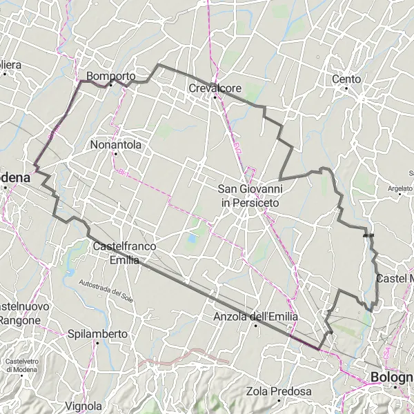 Karttaminiaatyyri "Longara - Trebbo di Reno - Ponte Samoggia - Castelfranco Emilia - Bastiglia - Crevalcore - punto di osservazione 1 - Padulle" pyöräilyinspiraatiosta alueella Emilia-Romagna, Italy. Luotu Tarmacs.app pyöräilyreittisuunnittelijalla