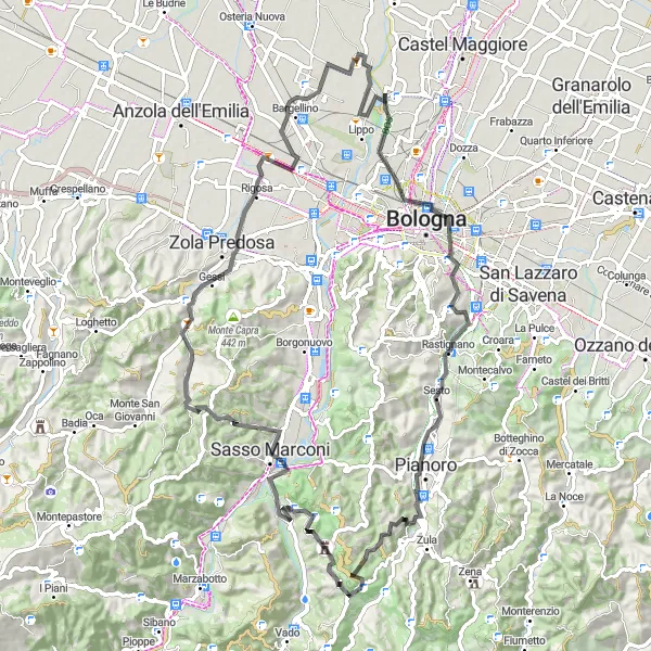Miniatura della mappa di ispirazione al ciclismo "Giro ciclistico da Longara a Monte Grotta" nella regione di Emilia-Romagna, Italy. Generata da Tarmacs.app, pianificatore di rotte ciclistiche
