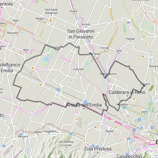 Mapa miniatúra "Cyklotúra cez Calderara di Reno" cyklistická inšpirácia v Emilia-Romagna, Italy. Vygenerované cyklistickým plánovačom trás Tarmacs.app