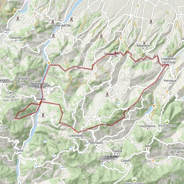 Miniaturní mapa "Gravel Route Around Lugagnano Val d'Arda" inspirace pro cyklisty v oblasti Emilia-Romagna, Italy. Vytvořeno pomocí plánovače tras Tarmacs.app