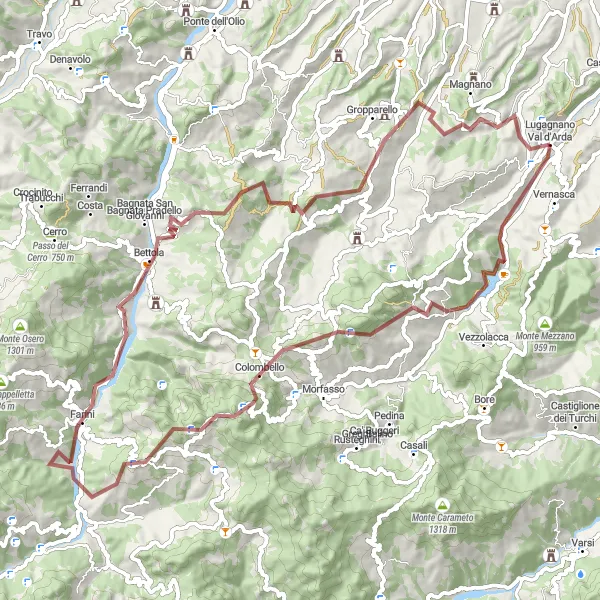 Miniaturní mapa "Gravelová trasa Lugagnano Val d'Arda - Monte Giogo" inspirace pro cyklisty v oblasti Emilia-Romagna, Italy. Vytvořeno pomocí plánovače tras Tarmacs.app