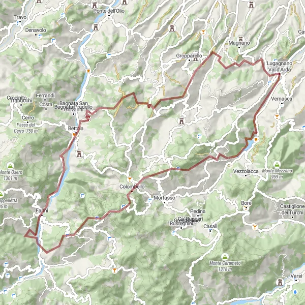 Miniatua del mapa de inspiración ciclista "Ruta de ciclismo en grava hacia Monte Giogo" en Emilia-Romagna, Italy. Generado por Tarmacs.app planificador de rutas ciclistas