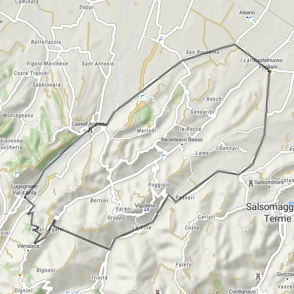 Map miniature of "Picturesque Road Loop: Lugagnano Val d'Arda" cycling inspiration in Emilia-Romagna, Italy. Generated by Tarmacs.app cycling route planner