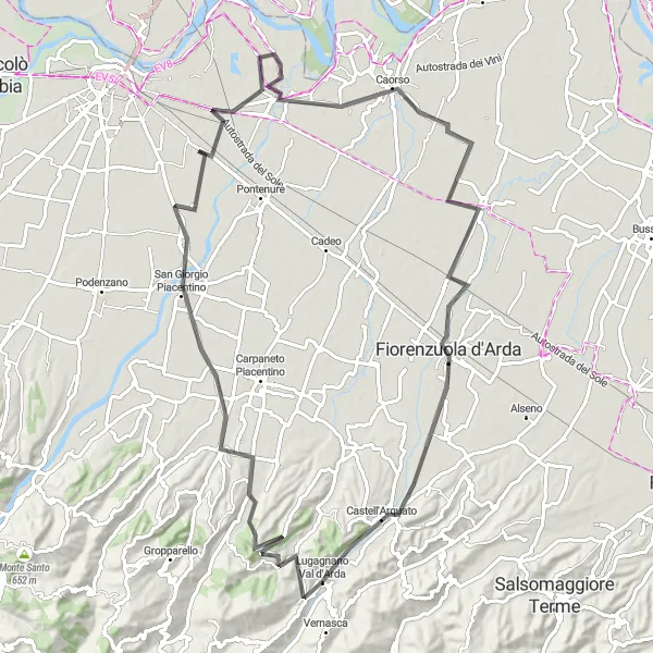 Miniatua del mapa de inspiración ciclista "Ruta hacia Fiorenzuola d'Arda" en Emilia-Romagna, Italy. Generado por Tarmacs.app planificador de rutas ciclistas