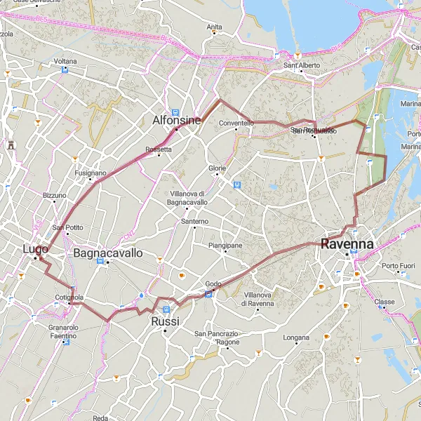 Kartminiatyr av "Grusveier til Mausoleo Teodorico" sykkelinspirasjon i Emilia-Romagna, Italy. Generert av Tarmacs.app sykkelrutoplanlegger