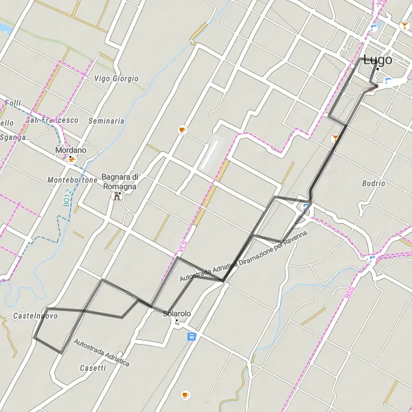 Zemljevid v pomanjšavi "Kolesarska pot Lugo - Zagonara - Solarolo - Lugo" kolesarske inspiracije v Emilia-Romagna, Italy. Generirano z načrtovalcem kolesarskih poti Tarmacs.app