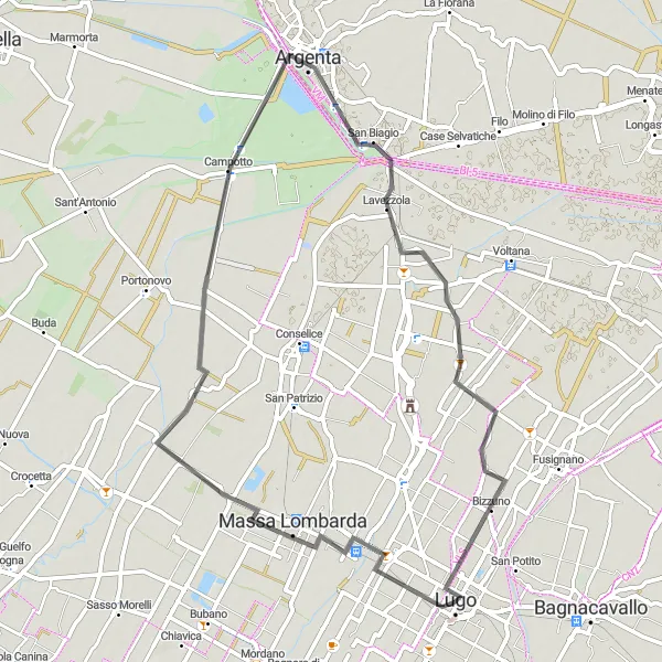 Miniatua del mapa de inspiración ciclista "Ruta escénica a través de Sant'Agata sul Santerno, Argenta y Lugo" en Emilia-Romagna, Italy. Generado por Tarmacs.app planificador de rutas ciclistas
