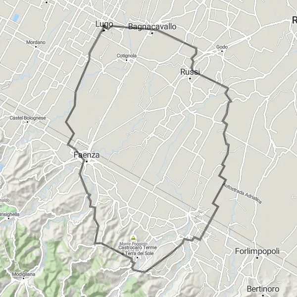 Miniatuurkaart van de fietsinspiratie "Cycling route Russi - Monte Riccio - Faenza - Lugo" in Emilia-Romagna, Italy. Gemaakt door de Tarmacs.app fietsrouteplanner