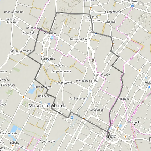 Miniaturní mapa "Cyklostezka k Massa Lombarda a Bizzuno" inspirace pro cyklisty v oblasti Emilia-Romagna, Italy. Vytvořeno pomocí plánovače tras Tarmacs.app