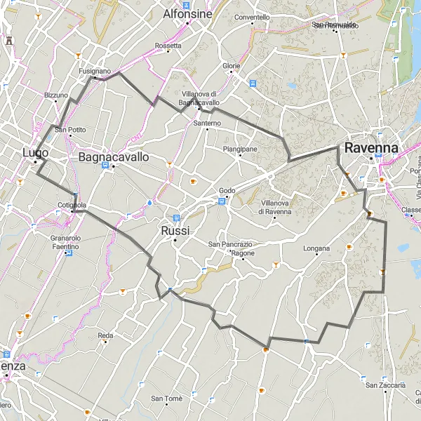 Zemljevid v pomanjšavi "Kolesarska pot od Luga do Cotignole" kolesarske inspiracije v Emilia-Romagna, Italy. Generirano z načrtovalcem kolesarskih poti Tarmacs.app