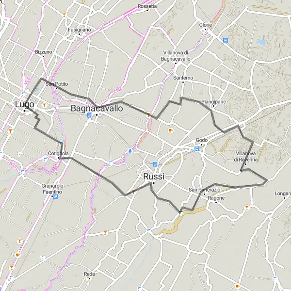Zemljevid v pomanjšavi "Sproščujoče kolesarjenje skozi Bagnacavallo in Cotignolo" kolesarske inspiracije v Emilia-Romagna, Italy. Generirano z načrtovalcem kolesarskih poti Tarmacs.app
