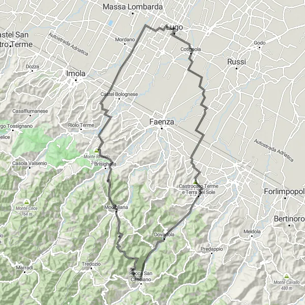 Miniaturní mapa "Okruh kolem Luga přes Modiglianu" inspirace pro cyklisty v oblasti Emilia-Romagna, Italy. Vytvořeno pomocí plánovače tras Tarmacs.app