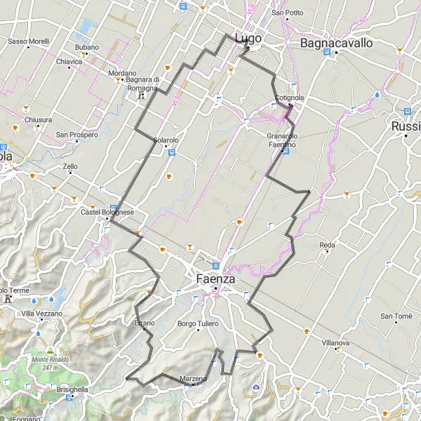 Miniaturní mapa "Kopcům napříč - Cyklistická výzva u Luga" inspirace pro cyklisty v oblasti Emilia-Romagna, Italy. Vytvořeno pomocí plánovače tras Tarmacs.app