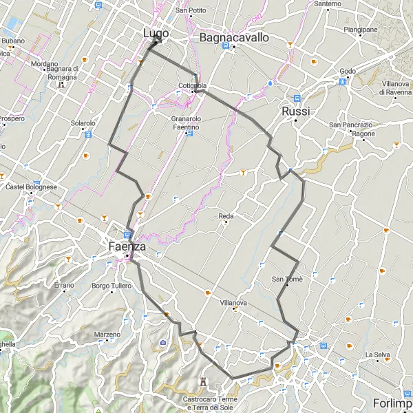Miniatua del mapa de inspiración ciclista "Ruta escénica Faenza - Cotignola - Lugo" en Emilia-Romagna, Italy. Generado por Tarmacs.app planificador de rutas ciclistas