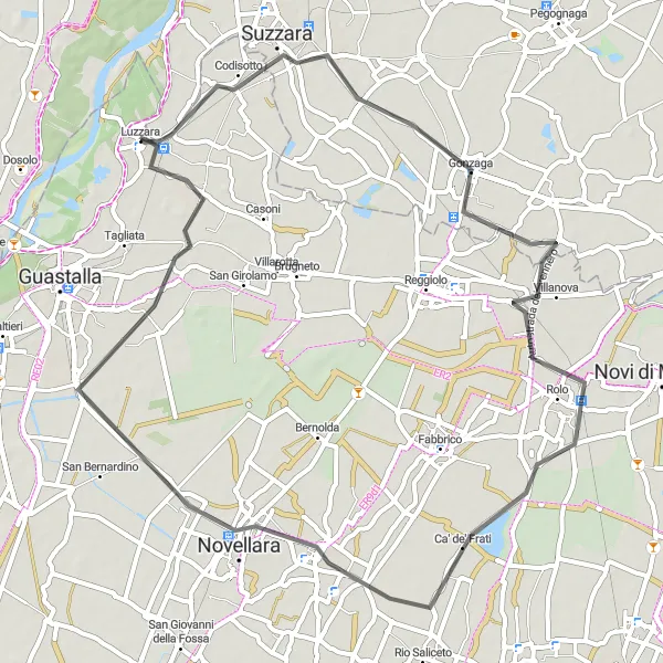 Miniatua del mapa de inspiración ciclista "Ruta por carretera desde Suzzara" en Emilia-Romagna, Italy. Generado por Tarmacs.app planificador de rutas ciclistas
