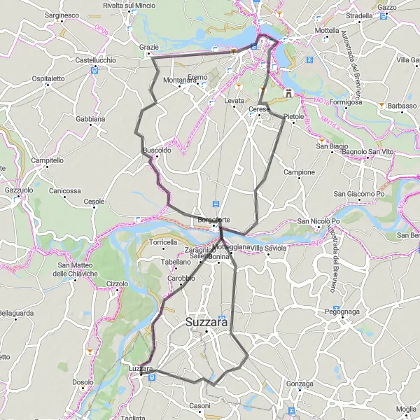 Zemljevid v pomanjšavi "Scenic Road Cycling Route to Motteggiana" kolesarske inspiracije v Emilia-Romagna, Italy. Generirano z načrtovalcem kolesarskih poti Tarmacs.app