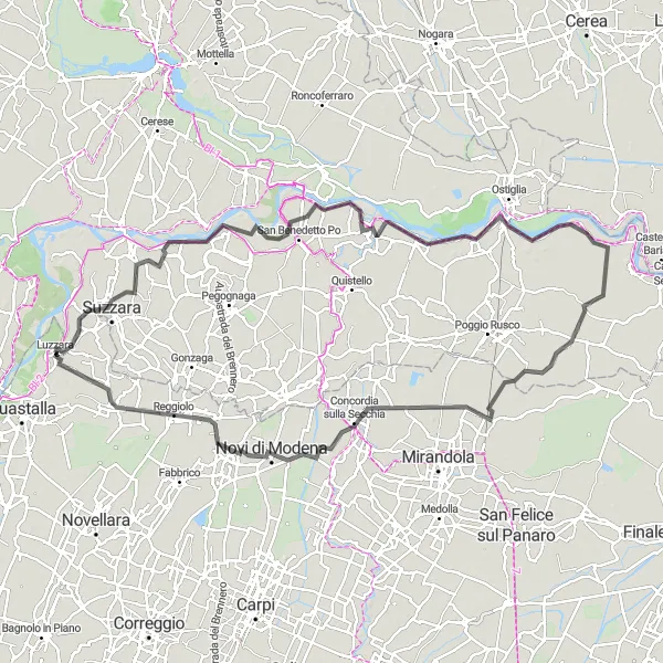 Miniaturní mapa "Prodloužená cesta přes Luzzaru a Novi di Modena" inspirace pro cyklisty v oblasti Emilia-Romagna, Italy. Vytvořeno pomocí plánovače tras Tarmacs.app