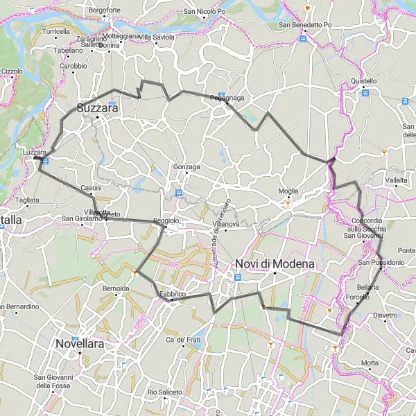 Miniatura della mappa di ispirazione al ciclismo "Esplorazione in bicicletta da Suzzara a Reggiolo" nella regione di Emilia-Romagna, Italy. Generata da Tarmacs.app, pianificatore di rotte ciclistiche