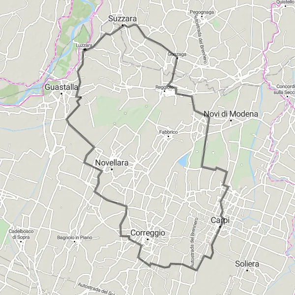 Kartminiatyr av "Historisk reise fra Reggiolo til Tagliata" sykkelinspirasjon i Emilia-Romagna, Italy. Generert av Tarmacs.app sykkelrutoplanlegger