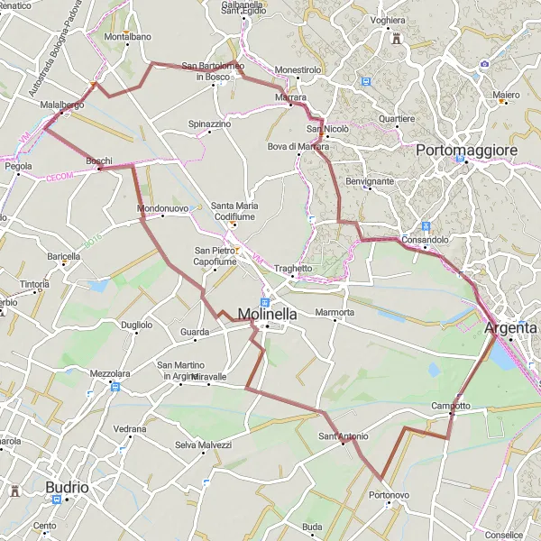 Zemljevid v pomanjšavi "Gravelska avantura Molinella" kolesarske inspiracije v Emilia-Romagna, Italy. Generirano z načrtovalcem kolesarskih poti Tarmacs.app