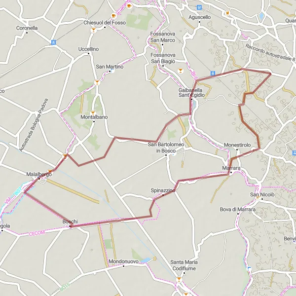 Miniaturní mapa "Trasa kolem Malalberga: Zážitková jízda po okolních vesnicích" inspirace pro cyklisty v oblasti Emilia-Romagna, Italy. Vytvořeno pomocí plánovače tras Tarmacs.app