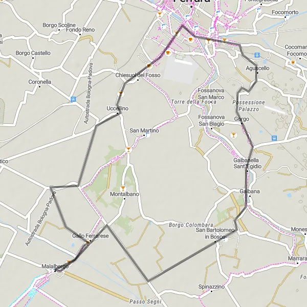 Zemljevid v pomanjšavi "Kolesarjenje skozi Chiesuol del Fosso" kolesarske inspiracije v Emilia-Romagna, Italy. Generirano z načrtovalcem kolesarskih poti Tarmacs.app