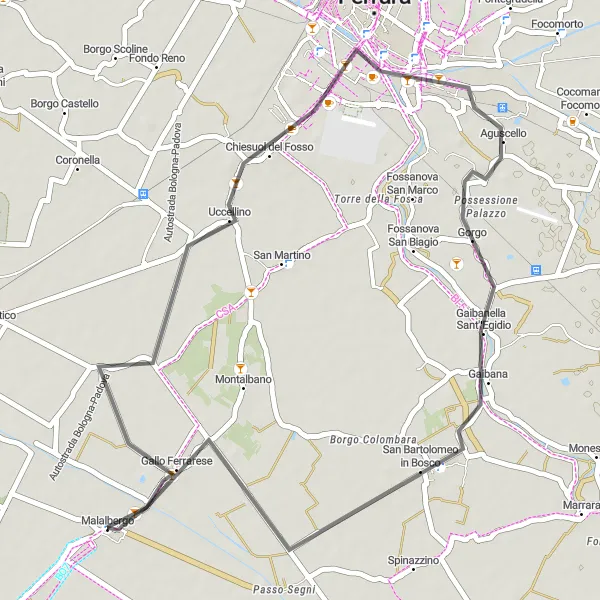 Miniatura della mappa di ispirazione al ciclismo "Tra Chiesuol del Fosso e Aguscello" nella regione di Emilia-Romagna, Italy. Generata da Tarmacs.app, pianificatore di rotte ciclistiche