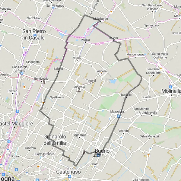 Zemljevid v pomanjšavi "Potepanje po Emilia-Romagni" kolesarske inspiracije v Emilia-Romagna, Italy. Generirano z načrtovalcem kolesarskih poti Tarmacs.app