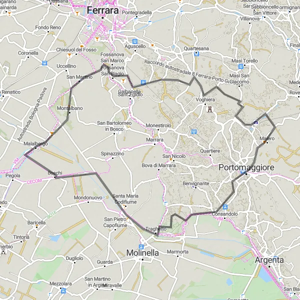 Zemljevid v pomanjšavi "Raziskovanje Fossanova San Marco" kolesarske inspiracije v Emilia-Romagna, Italy. Generirano z načrtovalcem kolesarskih poti Tarmacs.app