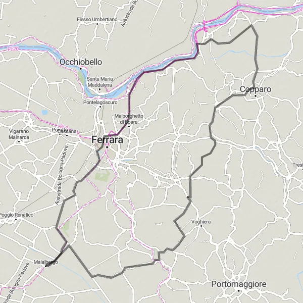 Zemljevid v pomanjšavi "Obvoz Ferrara" kolesarske inspiracije v Emilia-Romagna, Italy. Generirano z načrtovalcem kolesarskih poti Tarmacs.app