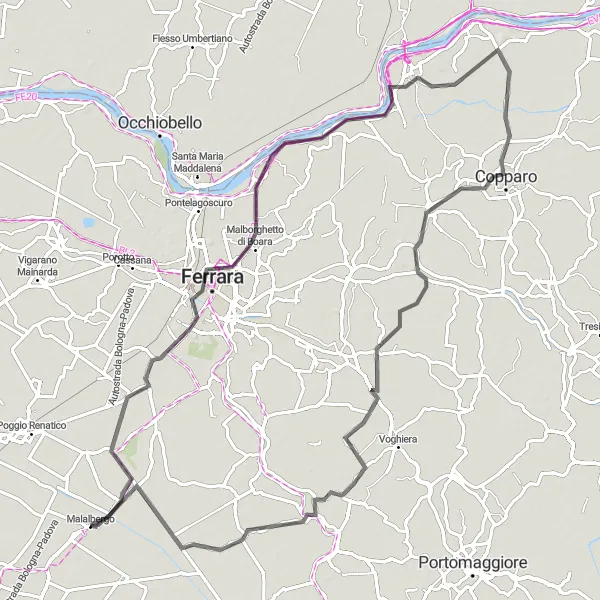 Miniatura della mappa di ispirazione al ciclismo "Percorso Epico da Copparo a Malalbergo" nella regione di Emilia-Romagna, Italy. Generata da Tarmacs.app, pianificatore di rotte ciclistiche